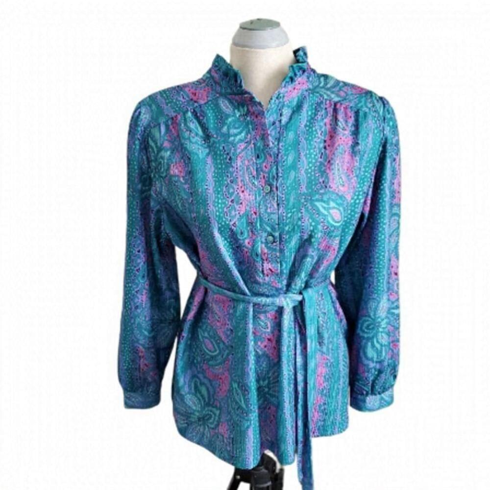 80'S Vintage D'allairds Belted Button Down Blouse Size 16